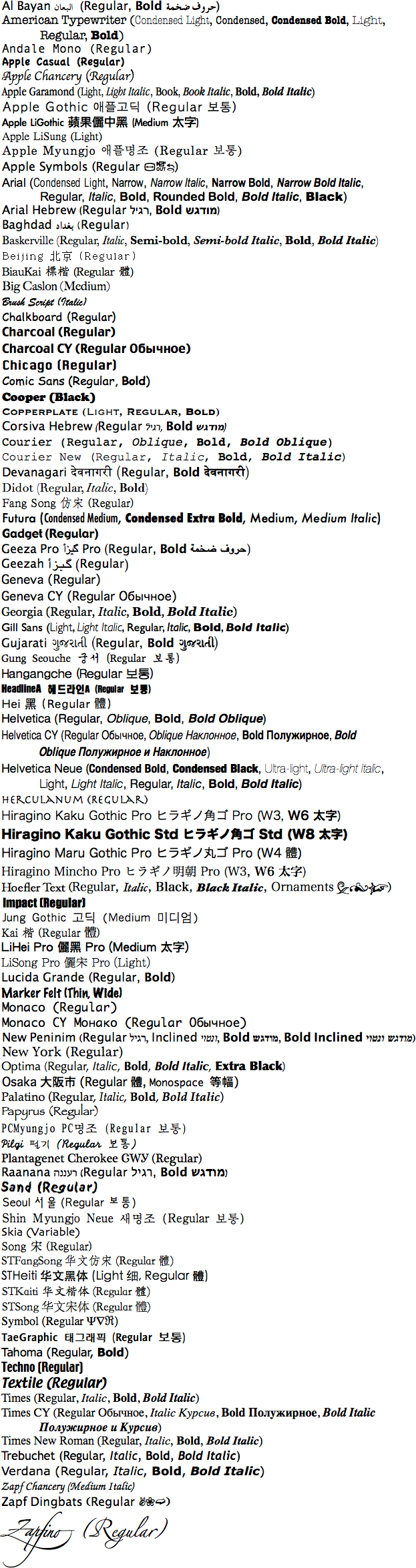 font book mac name table structure